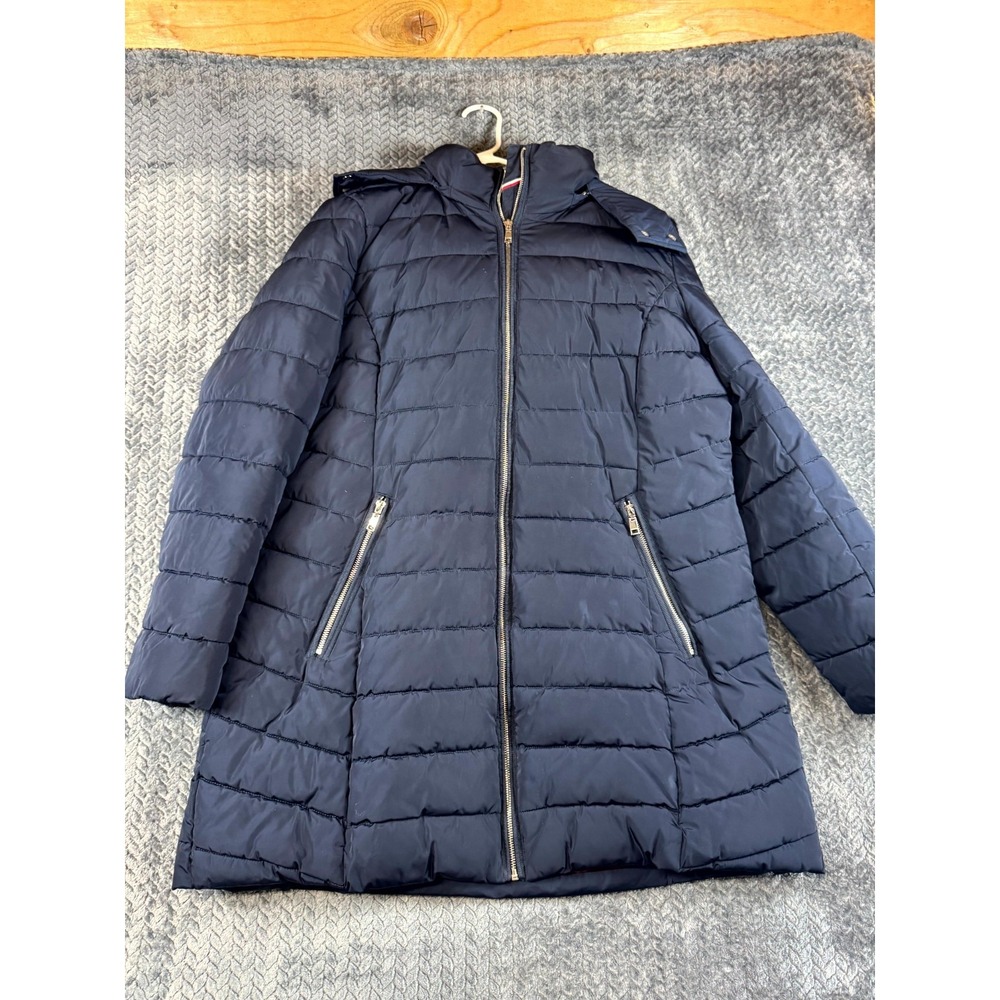 Tommy Hilfiger Puffer Jacket Women XL Blue Hiking Outdoor Mountain Hooded Zip Up